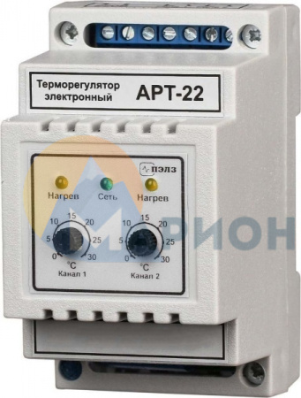 Терморегулятор АРТ-22-10К 2 кВт с датчиком температуры (DIN, аналоговое управление, 2 независимых канала)